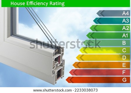 Buildings energy efficiency and Rating concept with energy certification classes according to the new European law and cross section of a new PVC thermal cut window for high energy performance Royalty-Free Stock Photo #2233038073