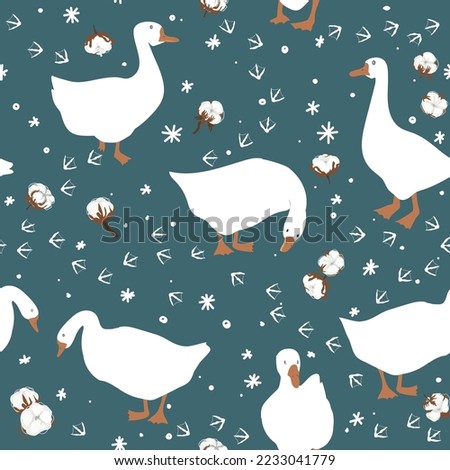 Goose and their feet tracks, and dried cotton balls on the snow. Cute seamless pattern. Winter Xmas background. Snowflakes and geese on dark background.