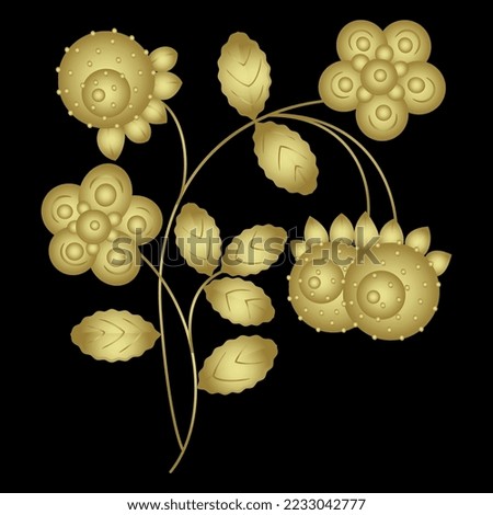 Blooming branch of strawberry plant with flowers and berries. Golden glossy silhouette on black background.