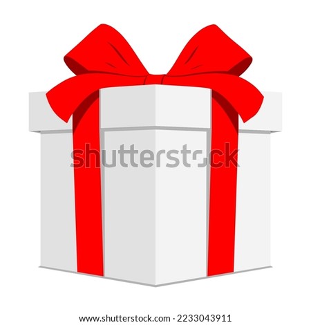 White present box with red ribbon, isolated on background. Flat style giftbox vector illustration.