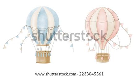 Set of Hot Air Balloons in cute pastel pink and blue colors. Watercolor hand drawn illustration for baby design in cartoon style. Vintage Aircraft with pennants for children. Drawing for kid design.