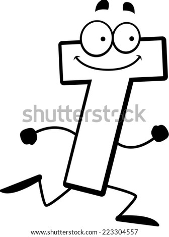 A cartoon illustration of a letter T running and smiling.