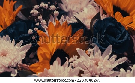 bright and very beautiful bouquet of yellow and white flowers in retro style , fragmet , very close