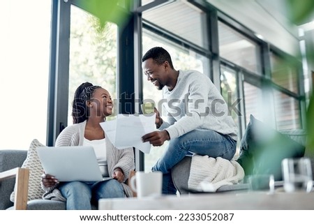 Planning finance budget, banking on laptop or becoming debt free while couple with paperwork look excited, happy or cheerful. Man and woman winning lottery, securing financial home loan and mortgage Royalty-Free Stock Photo #2233052087