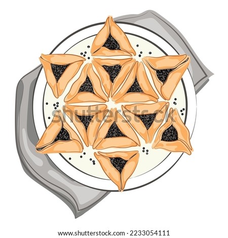 Jewish Hamantaschen cookies with poppy seeds laid out on a plate in the shape of David Star top view,design element for Purim holiday vector hand drawn illustration.Jewish traditional pastry Royalty-Free Stock Photo #2233054111