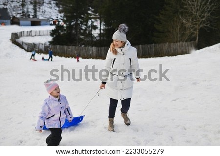 The mother with child sledding in the snow