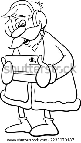 Black and white cartoon illustration of happy Santa Claus character with tablet and headset on Christmas time coloring page