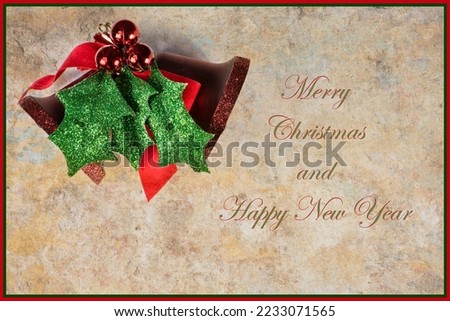 Holiday greeting card with Merry Christmas text with red and green ornament