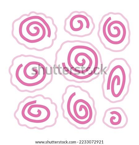 Set of Narutomaki simple hand drawn doodlles. cured fish cake, ramen topping with pink swirl. Different shapes and size circles collection. Asian food elements.