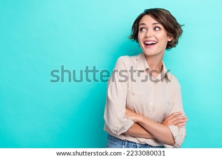 Photo of confident optimistic cute busioness lady folded arms dreamy looking empty space advertisement useful information suprised isolated on cyan color background Royalty-Free Stock Photo #2233080031
