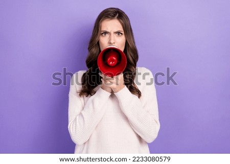 Photo of angry nervous crazy lady shout scream tell give command employees hurry up finish work isolated on purple color background