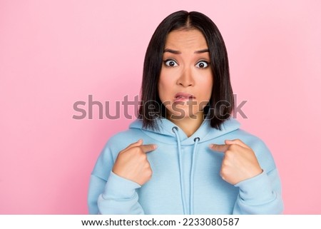 Photo of anxious embarrassed pretty lady direct hands herself disagree choice surprised decision isolated on pink color background