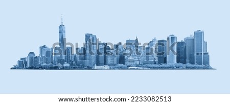Skyline panorama of downtown Financial District and the Lower Manhattan in New York City, USA. Blue toned, isolated on background