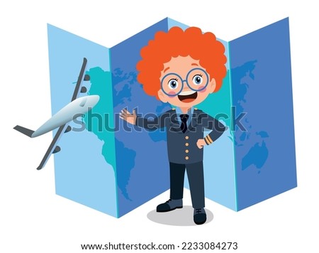 happy cute little kid boy wearing pilot uniform and world map