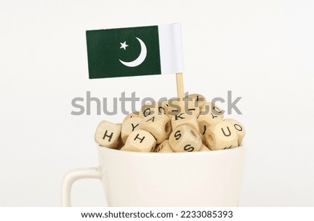 The flag of Pakistan sticks out of a cup with dice on which letters are depicted. Symbol of education. close-up