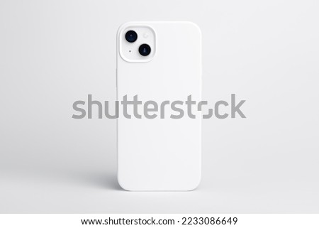 high quality starlight iPhone 14 Plus white phone case mock up, smartphone isolated on gray background back view, 3d object mockup for print and design Royalty-Free Stock Photo #2233086649