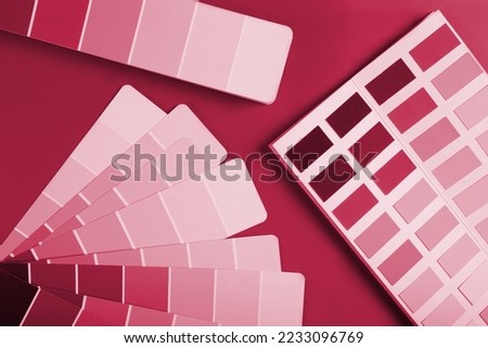 Color samples palette design catalog. New 2023 trending PANTONE 18-1750 Viva Magenta color
 