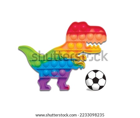 Flatlay picture of colourful pop it dinasour with football illustration