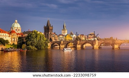 Charles Bridge sunset view of the Old Town pier architecture, Charles Bridge over Vltava river in Prague, Czechia. Old Town of Prague with Charles Bridge, Prague, Czech Republic. Royalty-Free Stock Photo #2233098759