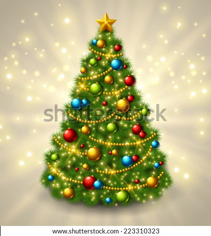 Christmas tree with colorful baubles and gold star on the top. Vector illustration. Glowing festive background with light beams and sparks.