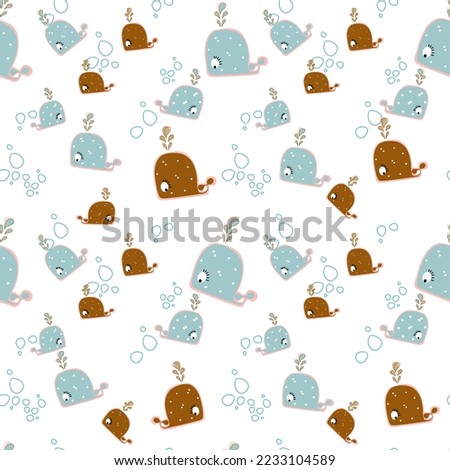 Vector hand-drawn colored childish seamless repeating simple flat pattern with whales and rainbow in scandinavian style on a white background. Cute baby animals. Pattern for kids with whales.
