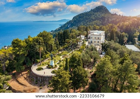 Achilleion palace in Corfu Island, Greece, built by Empress of Austria Elisabeth of Bavaria, also known as Sisi. The Achilleion palace in Corfu, Greece. Royalty-Free Stock Photo #2233106679