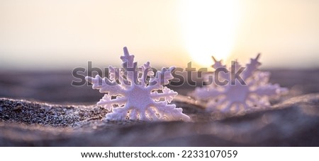 Close up of snowflake with blurry sunset beach background, Christmas banner, happy concept, copy space, wide banner, Christmas banner, happy concept, copy space, soft focus