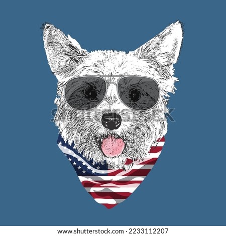 Yorkshire Terrier portrait, Cute cool dog in glasses and USA flag bandana, Vector illustration.