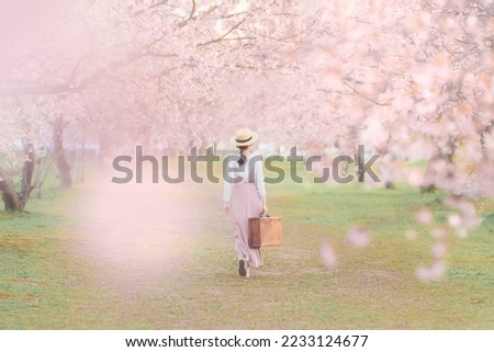 Young woman among beautiful cherry blossoms in full bloom Royalty-Free Stock Photo #2233124677
