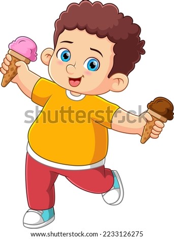 Cute boy holding two ice cream of illustration
