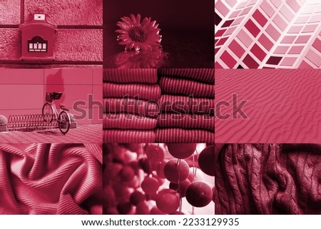 Collage with New 2023 trending PANTONE 18-1750 Viva Magenta color Royalty-Free Stock Photo #2233129935