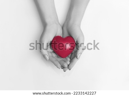 Women's hands hold a heart. New 2023 trending PANTONE 18-1750 Viva Magenta color
