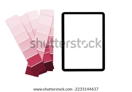 Color samples palette design catalog with tablet on white background. New 2023 trending PANTONE 18-1750 Viva Magenta color