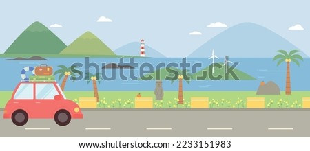 Jeju Island Sea Trip. Cars loaded with travel luggage are running along the coastal road. Royalty-Free Stock Photo #2233151983