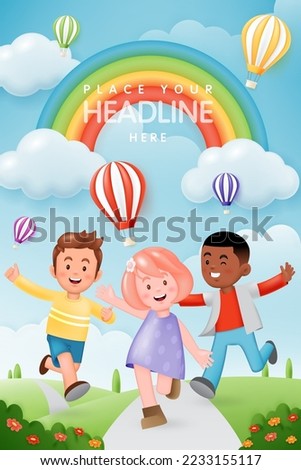 3D vector with children running in the park, hot air balloons and a rainbow in the blue sky background for kid banner, birthday greeting card, children's day, social media, wallpaper, website