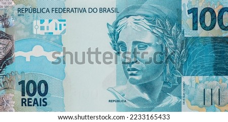 Symbolic effigy of the Republic, interpreted in the form of sculpture, Portrait from Brazil 100 Reais 2010 Banknotes.  Royalty-Free Stock Photo #2233165433