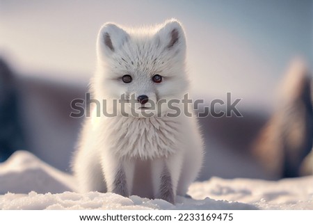 Baby Arctic fox (Vulpes lagopus) in snow habitat, winter landscape, Svalbard, Norway Royalty-Free Stock Photo #2233169475