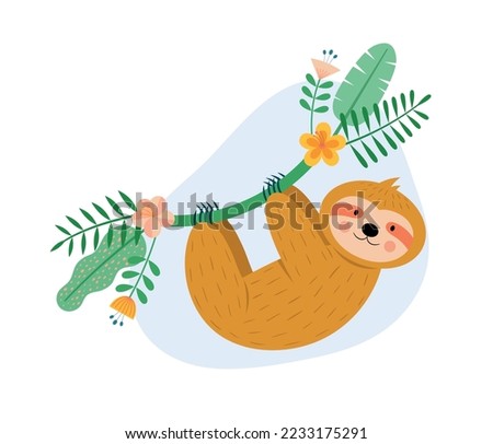 Cute baby sloth hanging on a liana with tropical leaves and flowers. Cartoon vector illustration. Can be used for birthday invitation card, nursery and kids wall art.