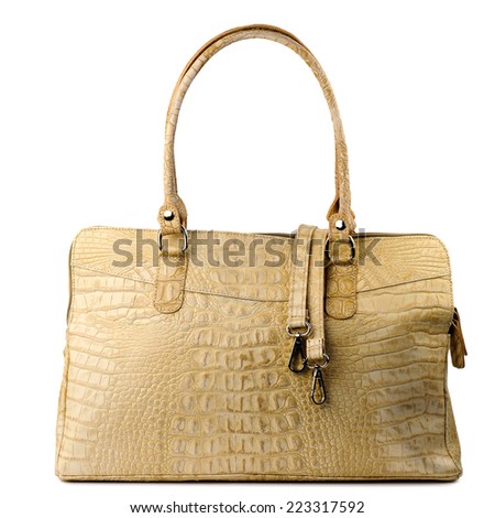 Vanilla female leather bag made of reptile on white background. 