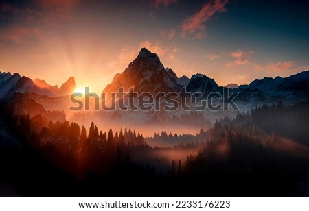 Dawn over the snow capped mountains. Snowy mountain peak at dawn. Sunrise in mountains. Mountain sunrise landscape Royalty-Free Stock Photo #2233176223