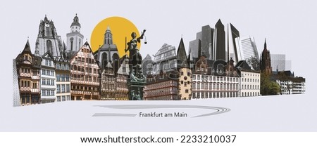 Landmarks collage of the city of Frankfurt am Main, Germany - contemporary creative modern art collage or design - travel concept in retro style Royalty-Free Stock Photo #2233210037