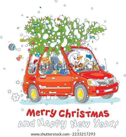 Greeting card with a funny snowman driving a small red car with a snowy Christmas tree, holiday gifts, toys and sweets, vector cartoon illustration isolated on a white background