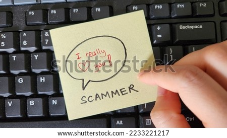 Romance love scams concept. Scammer vs victim  Royalty-Free Stock Photo #2233221217