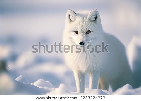 White arctic fox (Vulpes Lagopus) in the snow in the Arctic. Snow Fox.