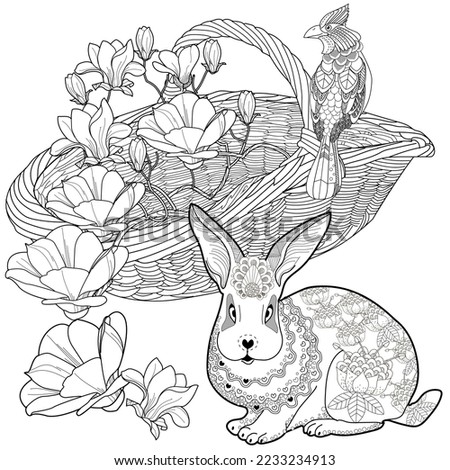Antistress drawing for coloring. Basketof flowers and a cute bunny. Coloring Book for adults and children. Cute  background for wallpaper, gift paper, pattern fills, textile, greetings cards 