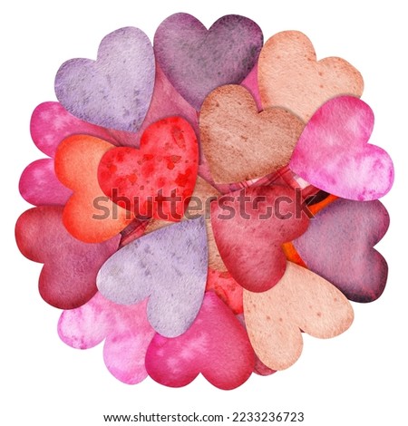 Watercolor hand drawn composition, circle of red and purple hearts for Valentine's day. Isolated on white background. Design for paper, love, greeting cards, textile, print, wallpaper, wedding.