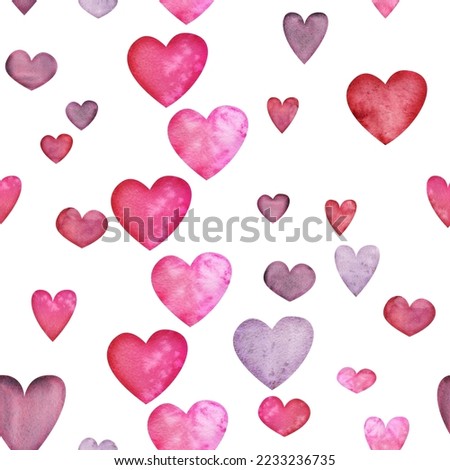 Watercolor hand drawn seamless pattern of red and purple hearts for Valentine's day. Isolated on white background. Design for paper, love, greeting cards, textile, print, wallpaper, wedding.