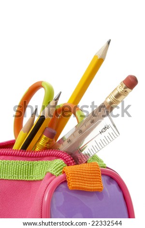close up of school supplies in pencil case  on white background with clipping path