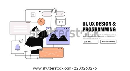 Design and programming banner, web landing page, advertisement. Designer working on ui ux design or mobile application. Studio or agency prototyping or coding web page or mobile app. Cms development. Royalty-Free Stock Photo #2233263275