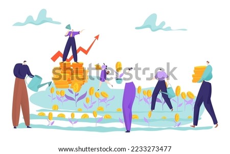 Businessman together working growing field money, leader hold loudspeaker, red business arrow flat vector illustration, isolated on white.